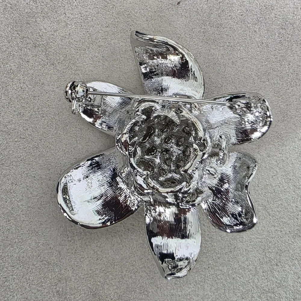 Silver Flower Brooch Pin with AB Crystal Stone Center